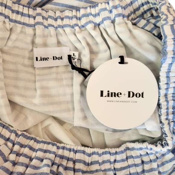 Revolve Line & Dot Dress Womens Large Lea‎ Blue White Stripe Off Shoulder Ruffle - Picture 13 of 15